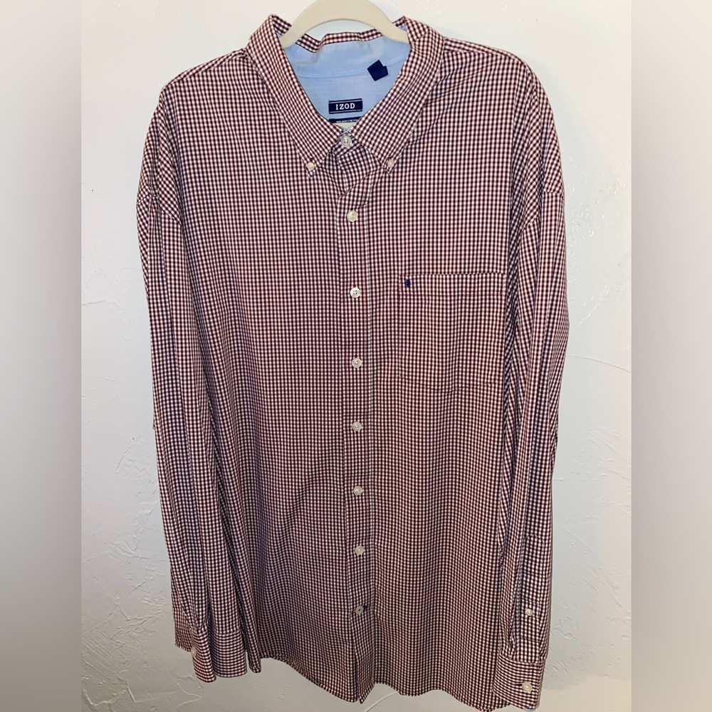 4XL Izod Mens Red and White Plaid Button Down Long Sleeve